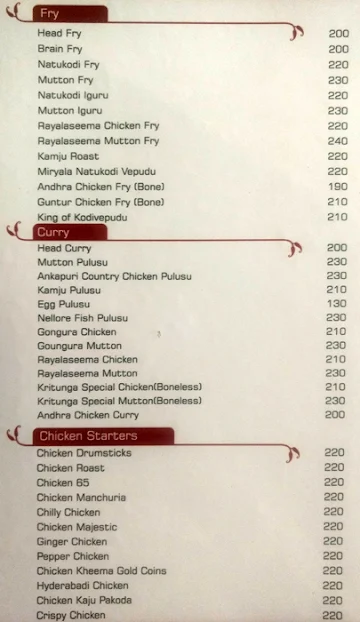 Kritunga Restaurant menu 