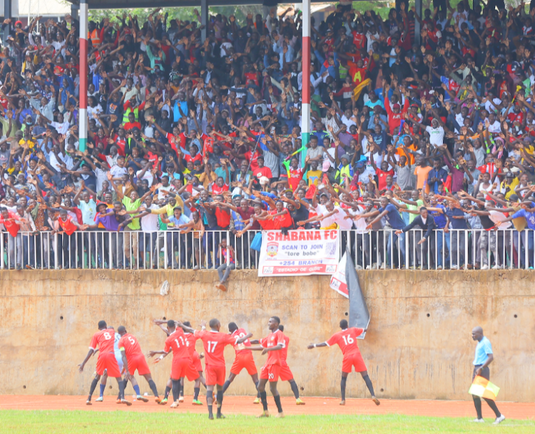 Shabana players celebrate with their fans at Gusii Stadium