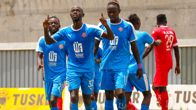 Striker Ezekiel Odera celebrates with team mates