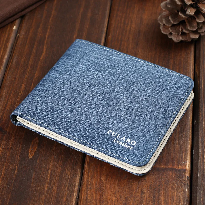 Carteira masculina de tecido jeans curto, macia, lona, carteira dobrável fina, bolsa de dinheiro casual, ideal para moda e uso diário.