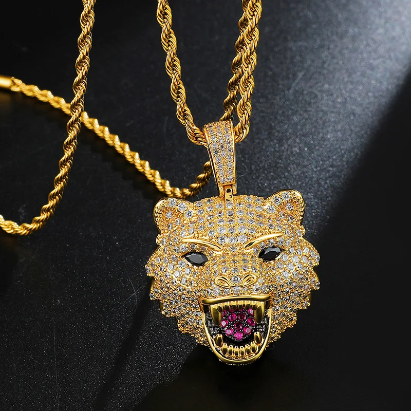 Collier pendentif tête de loup dominateur Hip Hop, style luxueux HIPHOP avec diamants complets, pour un look audacieux et stylé.