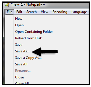 Notepad File menu with arrow pointing at Save As option