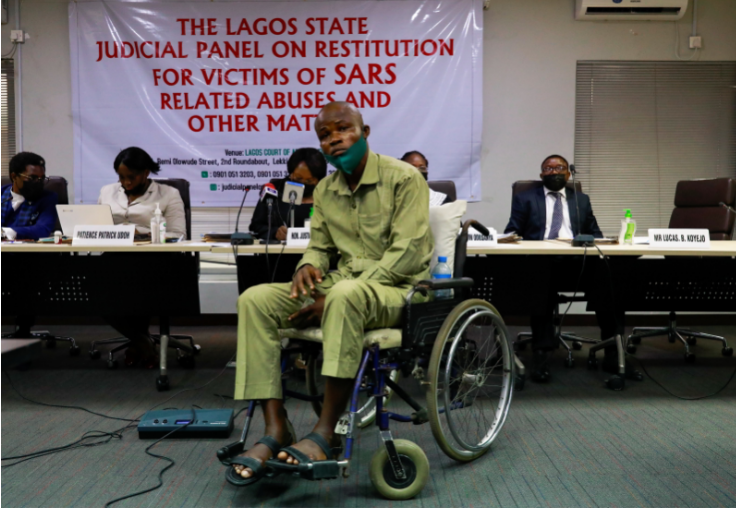 Ndukwe Ekekwe, a victim of the Nigerian police brutality, attends a judicial panel hearing of his case against the police at the Lagos Court of Arbitration in Lekki, Lagos, Nigeria on May 11 2021.