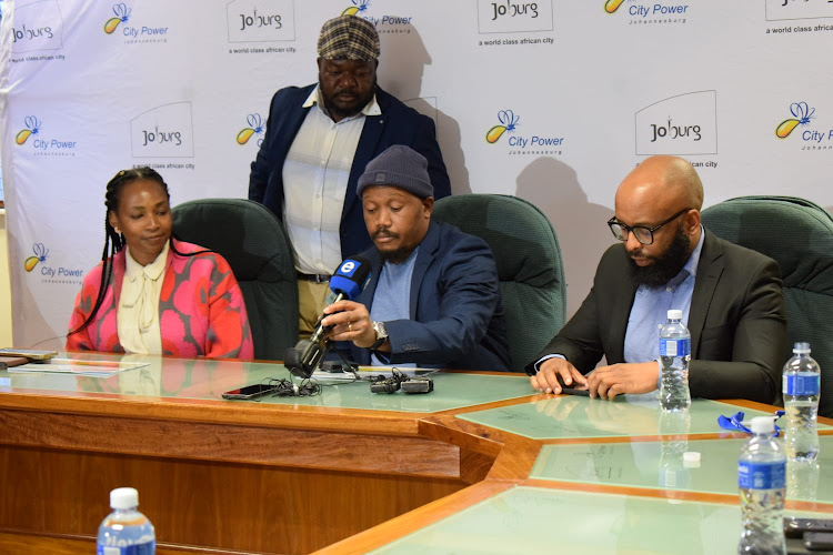 City Power CEO Tshifularo Mashava, MMC for environmental and infrastructure services Jack Sekwaila and City Power chairperson of the board Bonolo Ramokhele during a press briefing.