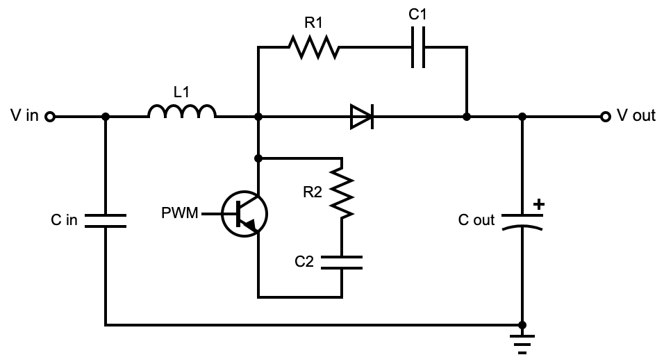 A circuit diagram for a boost converter topology, Note the two snubber circuits.