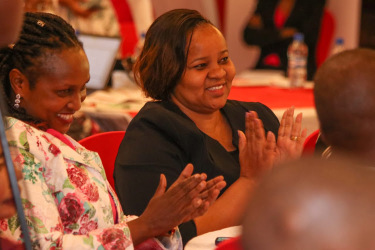 Registrar of political parties Ann Nderitu and the vice chair IEBC Juliana Cherera during the launch of the Kenya Women's Political Leadership Strategy yesterday in Nairobi