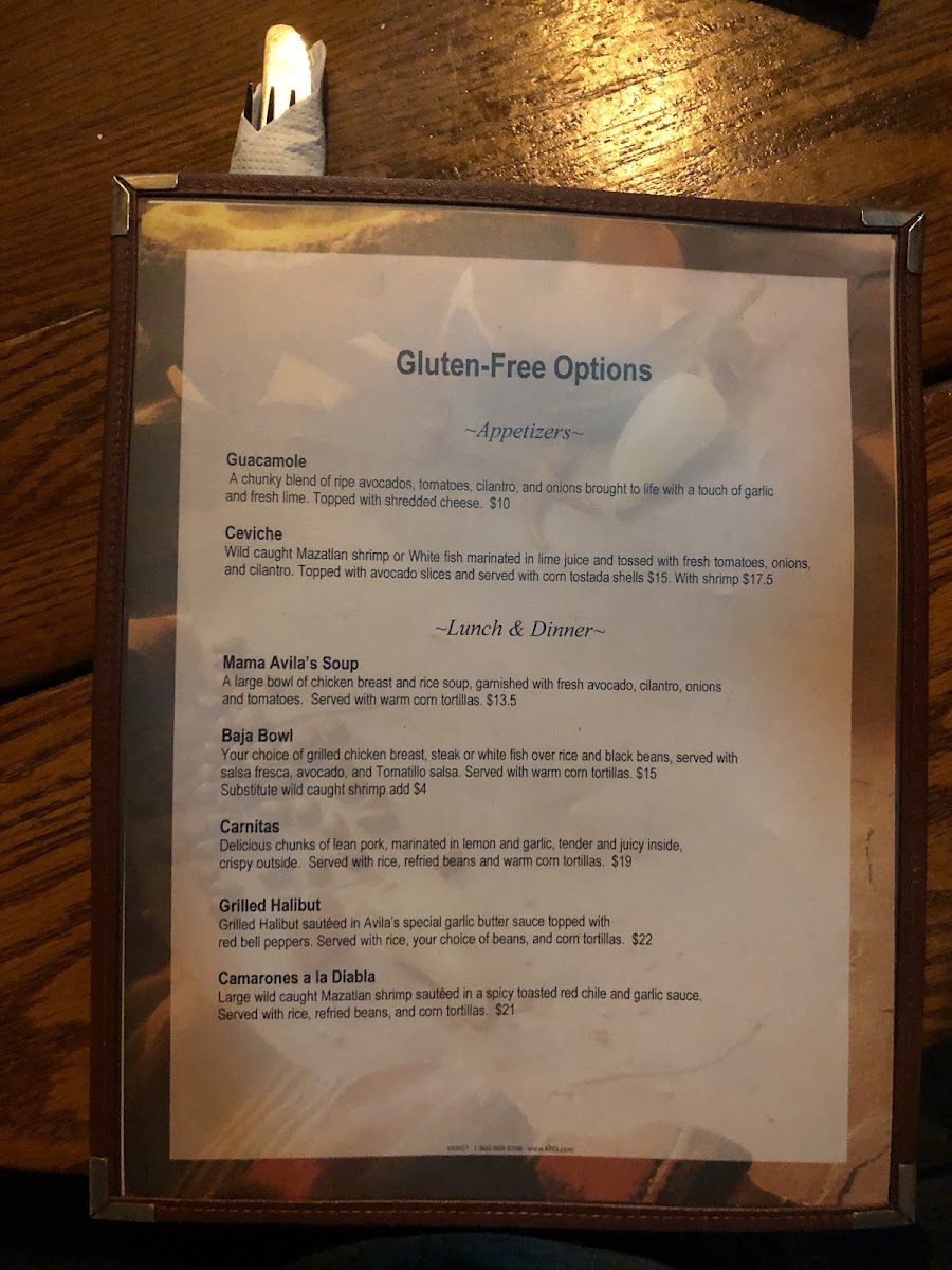 Avila's El Ranchito gluten-free menu