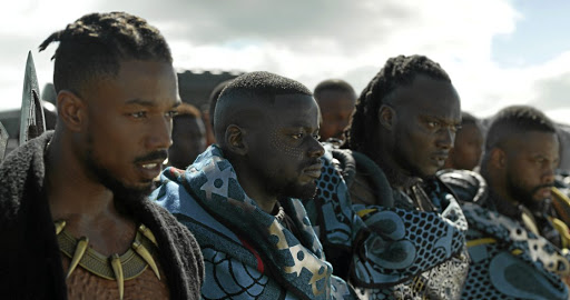 Erik Killmonger (Michael B. Jordan) and W'Kabi (Daniel Kaluuya) with some of his border tribesman./Marvel Studios