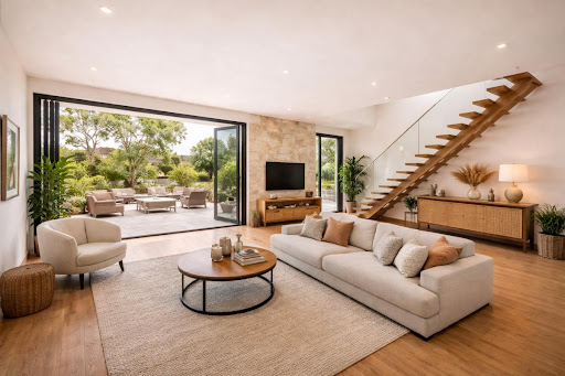 Buy this luxury villa in Le Bouscat (33110) - Neighborhood Hippodrome-Lafon-Feline - Modern living room with staircase and outdoor patio