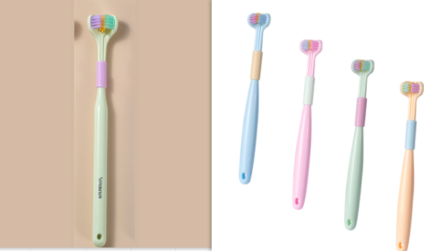 Cepillo de dientes suave de macaron de tres lados para limpieza profunda dental. Portátil, seguro y perfecto para viajar.