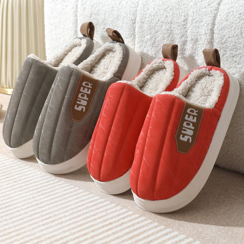 Striped Home Slippers Waterproof Thick-soled Non-slip Indoor Warm Plush Slippers Women's Floor House Shoes Men's Couple 