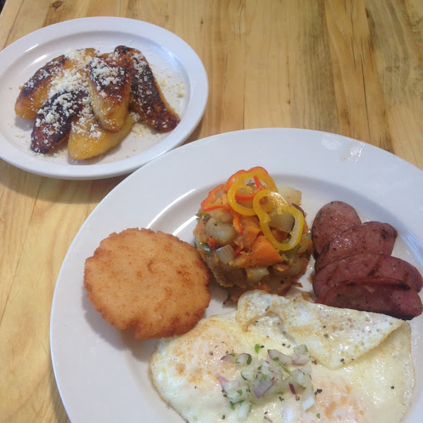 Breakfast Americano with sausage and a side of plantains