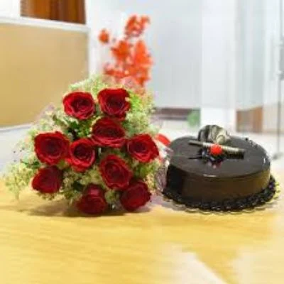 Chocolate Truffle Cake And 10 Red Roses Bunch