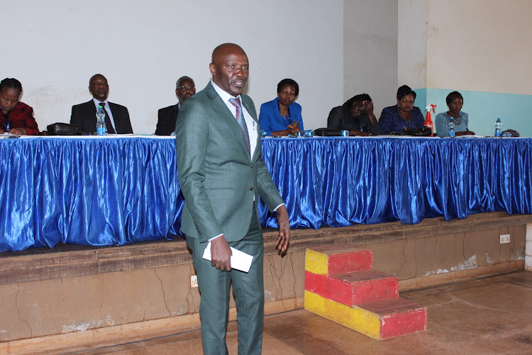 Murang'a Senator and Senate Education committee chairperson Joe Nyutu gives his views on CBC at Murang'a Teachers Training College on November 9, 2022.