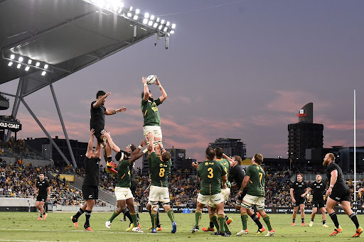 Lood de Jager of the Springboks competes in the line out during the Rugby Championship match against the All Blacks at QCB Stadium on September 25, 2021 in Townsville, Australia.