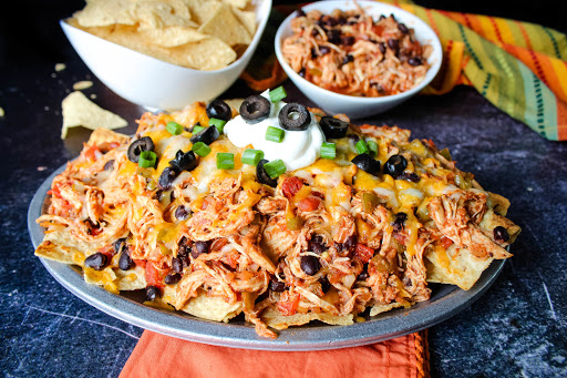 A platter of Skillet Chicken Nachos.