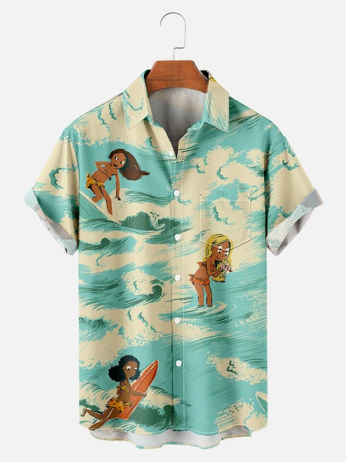 T-shirt ample à manches courtes pour homme avec imprimé numérique Surfing Elements tendance, parfait pour un look décontracté et estival.