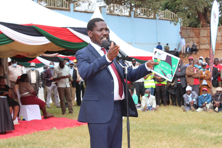 FILE: Agriculture Cabinet Secretary Peter Munya addressing coffee farmers at Ihura stadium.