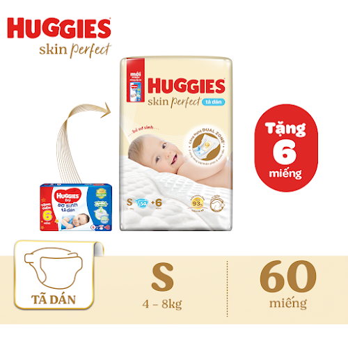 Tã-bỉm dán sơ sinh Huggies Skin Perfect S 54+6 miếng (5-8kg)