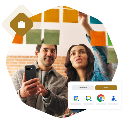 Two people are looking at Post-it notes. One person is holding a phone while the other is pointing to the notes. A notification bar with various Google apps and a bag icon are placed around the image.