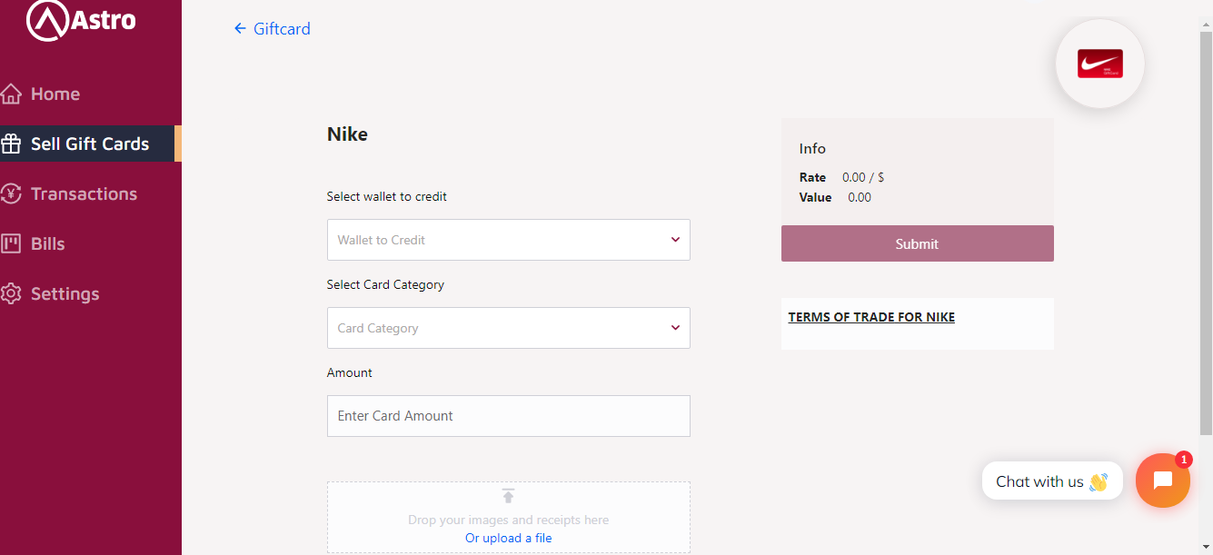 selling Nike gift card for bitcoin