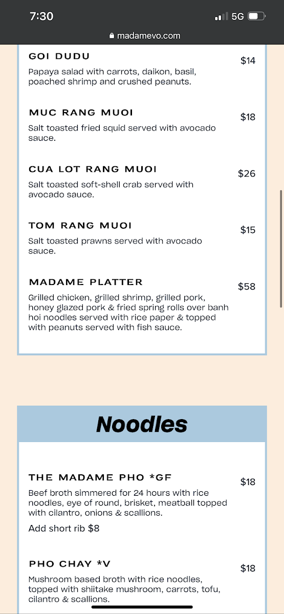 Madame Vo gluten-free menu