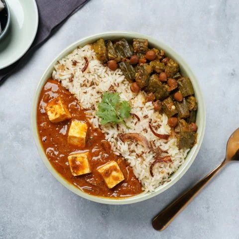 Kadhai Paneer, Bhindi Chana & Jeera Pulao