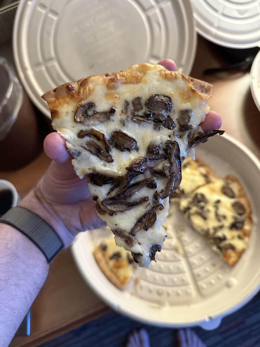 Wild Mushroom pizza on a gluten-free crust served in a compostable to-go box