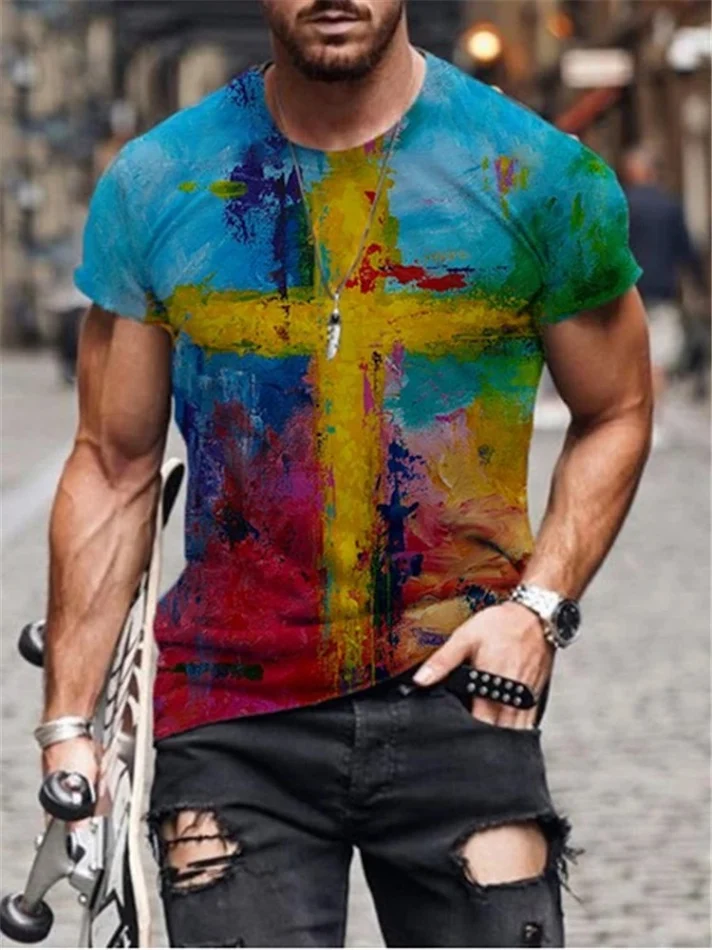 Cross Print Round Neck Short Sleeves