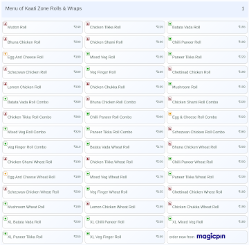 Kaati Zone Rolls & Wraps menu 