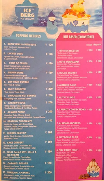 Iceberg icecreams menu 