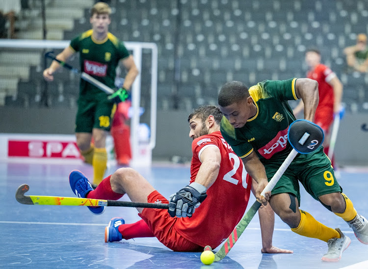 Lungani Gabela of South Africa in action during the FIH Indoor Hockey World Cup men's pool B match against the US at Heartfelt Arena in Pretoria on February 7 2023.