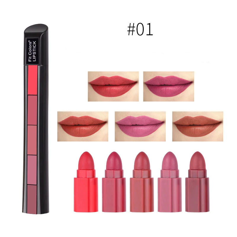 Kit de batons matte 5 cores, batom aveludado, gloss labial não pegajoso, longa duração, à prova d'água, batom vermelho sexy.