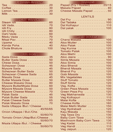 Nagare Udupi Hotel menu 