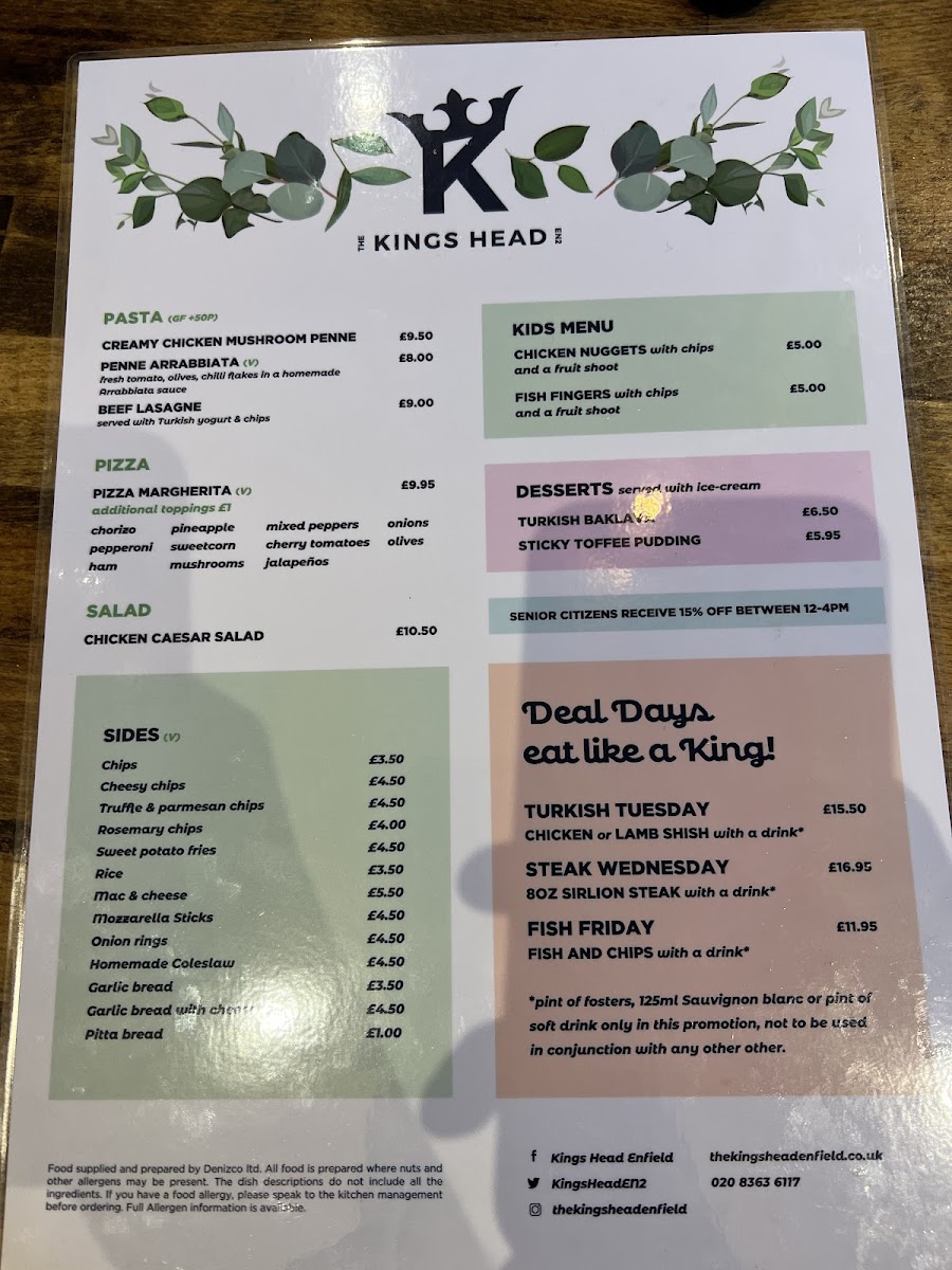 The Kings Head Enfield gluten-free menu