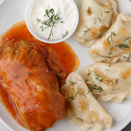 Cabbage Roll + 4 Pierogies + Sour Cream