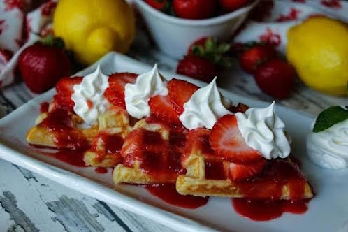 Yeast Waffle With Fresh Strawberry Rum Syrup