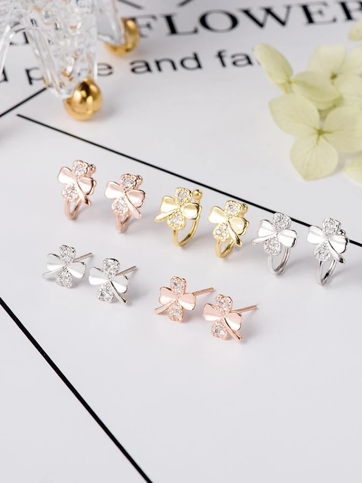Dames oorclip oorbellen van sterling zilver met klaver, geen gaatjes, elegant en brengt geluk.