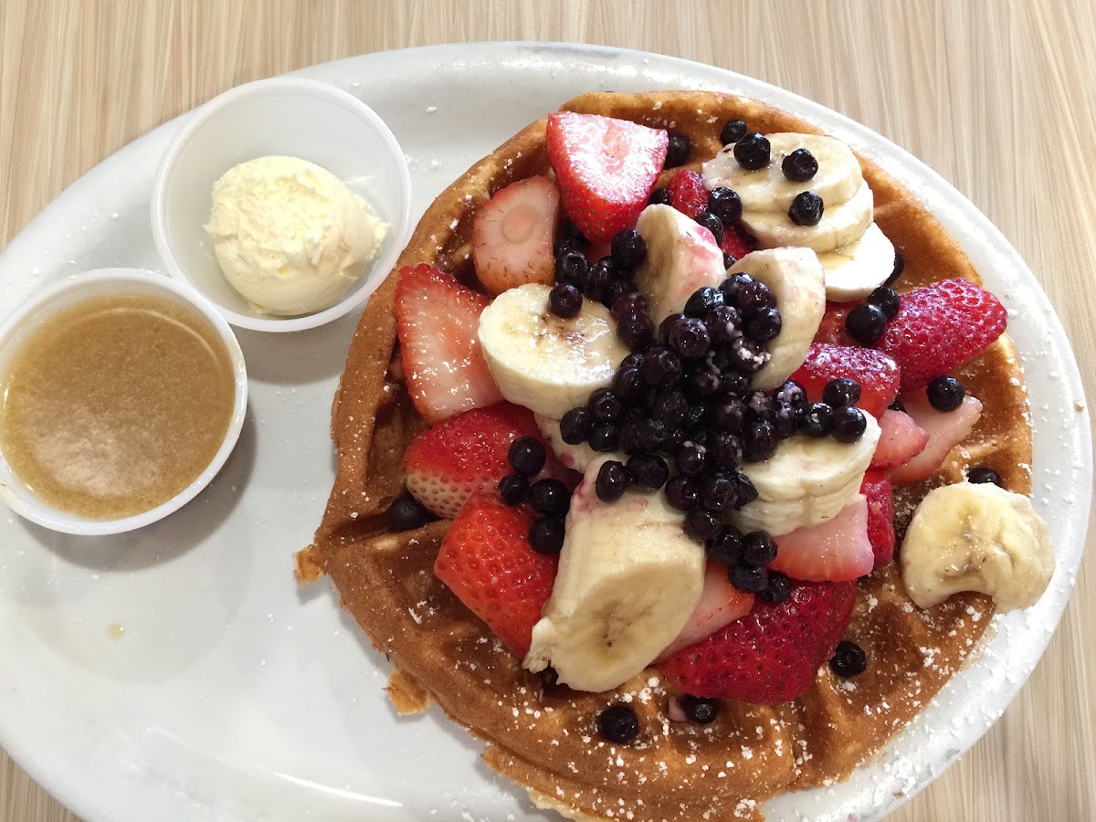 Gluten Free Mixed Berry Trio Waffle with a toffee syrup. Big enough to share.
