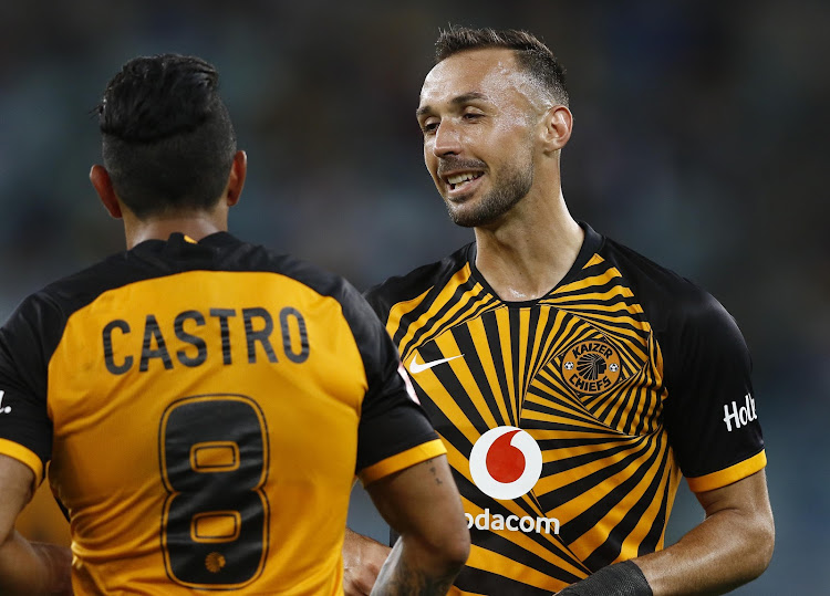 Samir Nurkovic and Leonardo Castro celebrate a goal for Kaizer Chiefs.