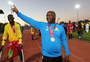 Mamelodi Sundowns head coach Pitso Mosimane celebrates after winning the 2018/19 Absa Premiership league title.  