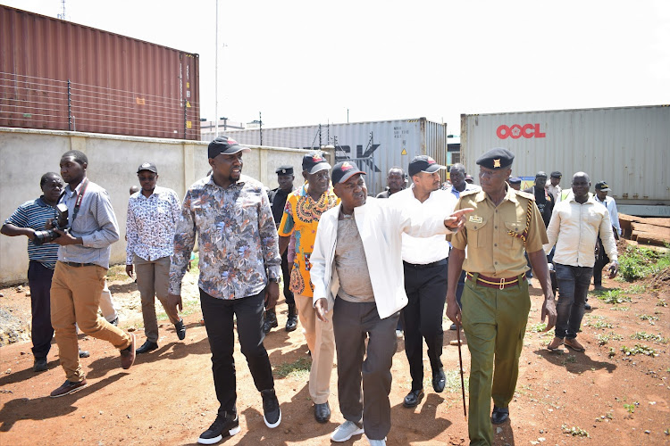 Transport CS Kipchumba Murkomen, Uganda's State Minister for Works and Transport Musa Ecweru, Kenya Railways MD Philip Mainga and Transport PS Mohamed Dhagar tour the Malaba Railways grounds on May 27, 2023.