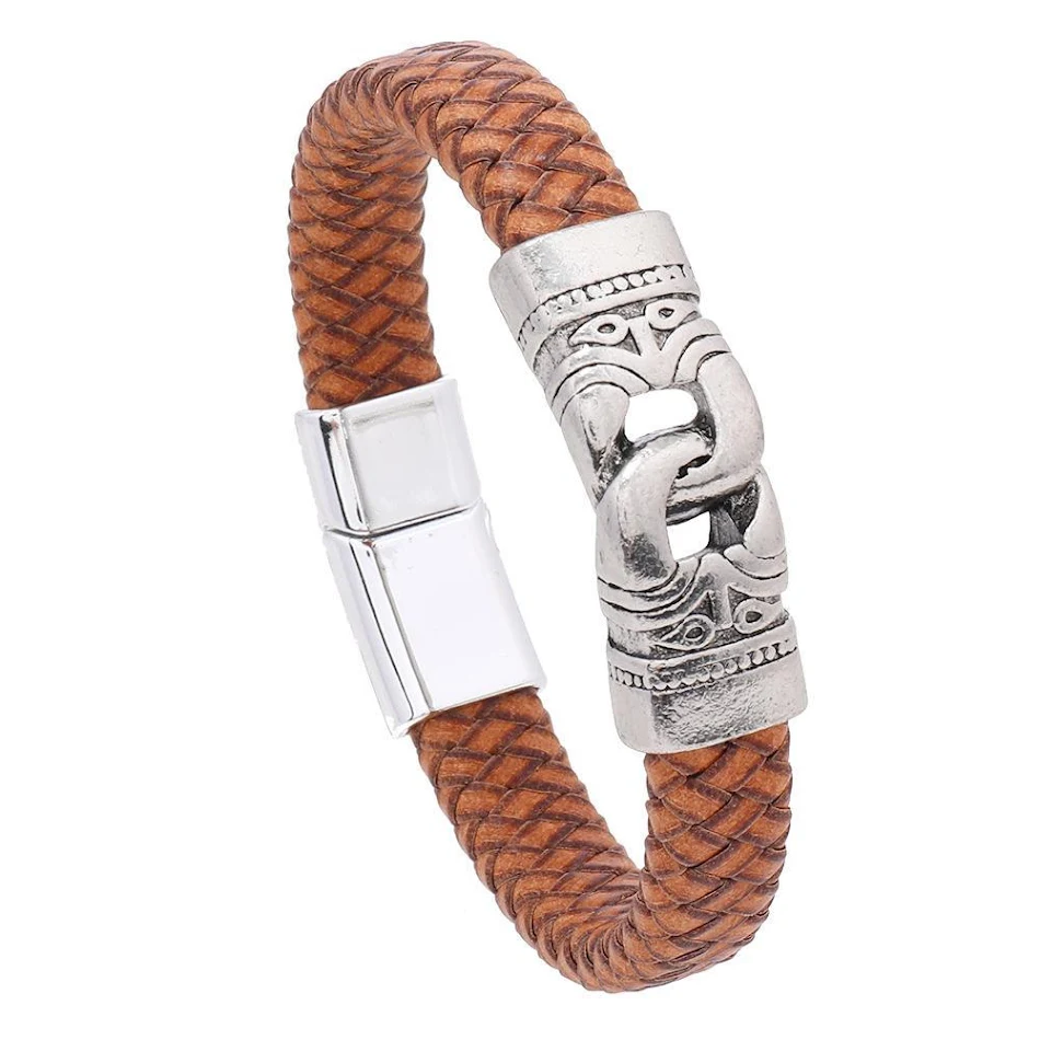 Heren armband van gevlochten leer en legering. Een stijlvolle handarmband, perfect voor de moderne man die zijn outfit wil complementeren.