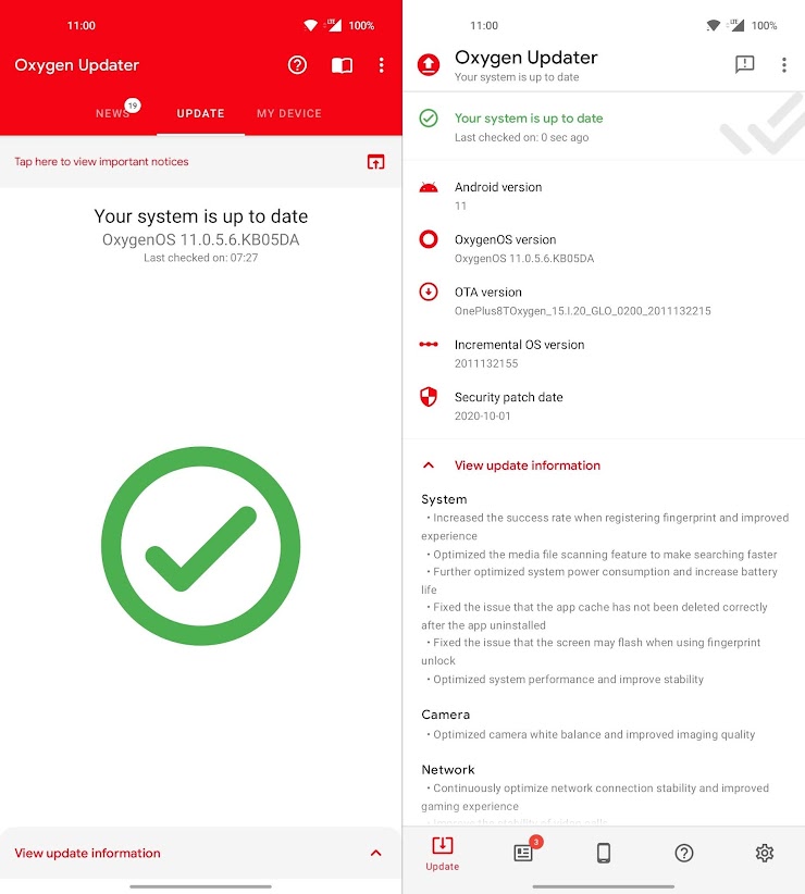 This is the screen shown when your device is already up-to-date.
The old design had a large checkmark icon, and not much else. Some users didn't like this big icon and a lot of empty space as it looked ugly, and we agree. So while overhauling this screen, we thought about what could be important to the user. First of all, you of course need to immediately know if you're up-to-date or not. Second, you might also want other important software-related information: Android & OxygenOS versions, exact OTA version, security patch date, and the changelog/patch notes for the version you're currently on (this can be expanded/collapsed at your convenience).