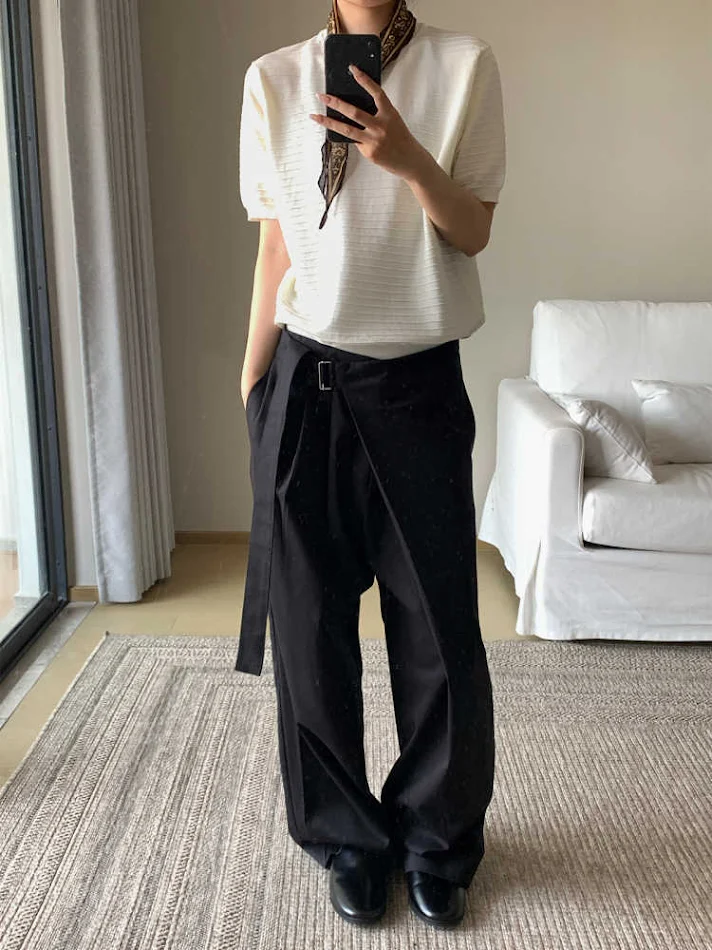 Black Tencel Cotton Single Pleated Cut Adjustable Waist Straight Trousers. Ultimate Comfort and Style. The perfect every