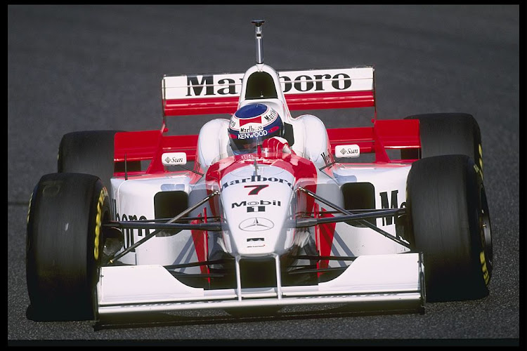 Mika Hakkinen of Finland and the Marlboro McLaren team driving during the 1996 Portuguese Grand Prix in Estoril, the last time Formula One raced in Portugal.