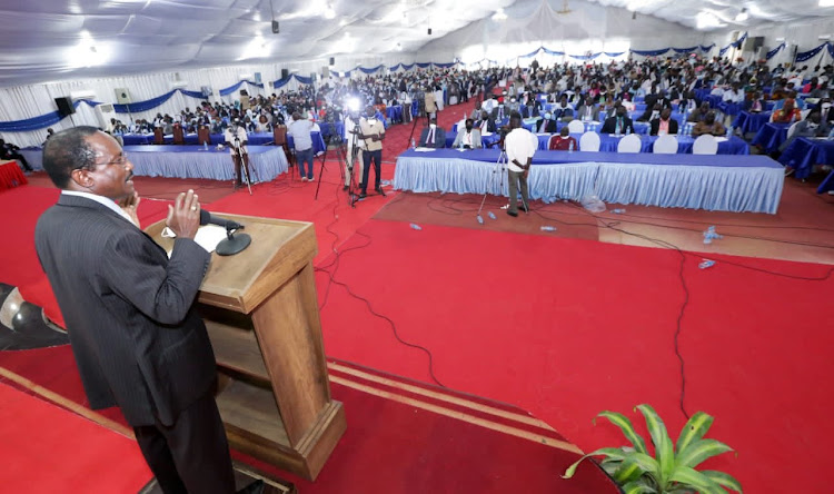 Special Envoy for South Sudan Kalonzo Musyoka addresses the National Dialogue Conference at Freedom hall in Juba, South Sudan, on Tuesday November 3.