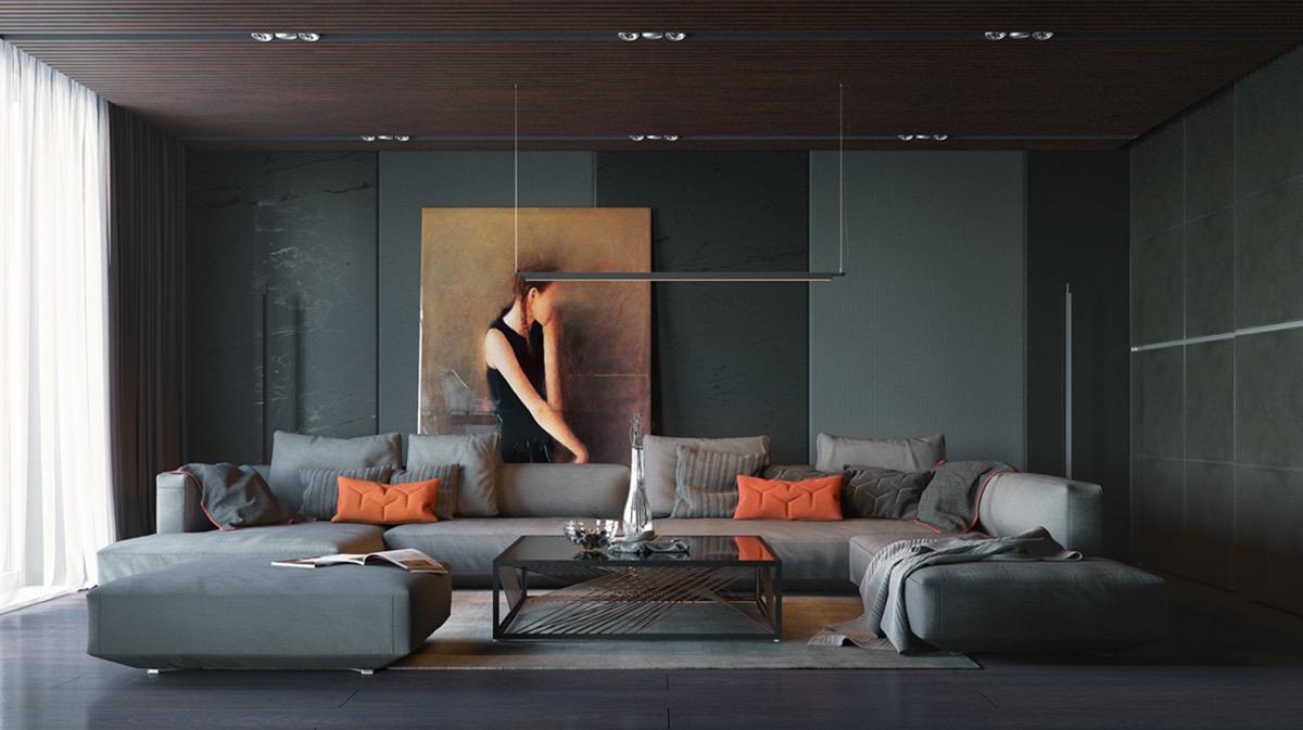 Living room interior designs | Different shades of grey, a metal coffee table and figure canvas