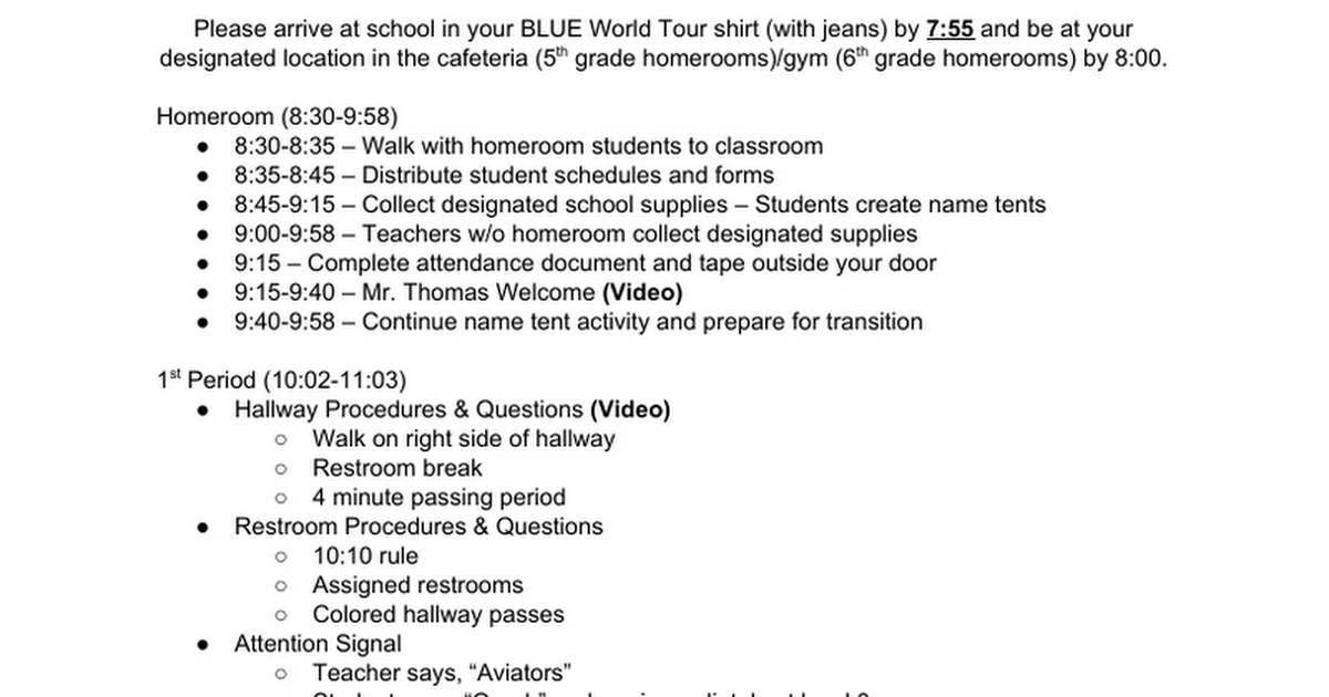 First Day Agenda (Monday, 8/20)