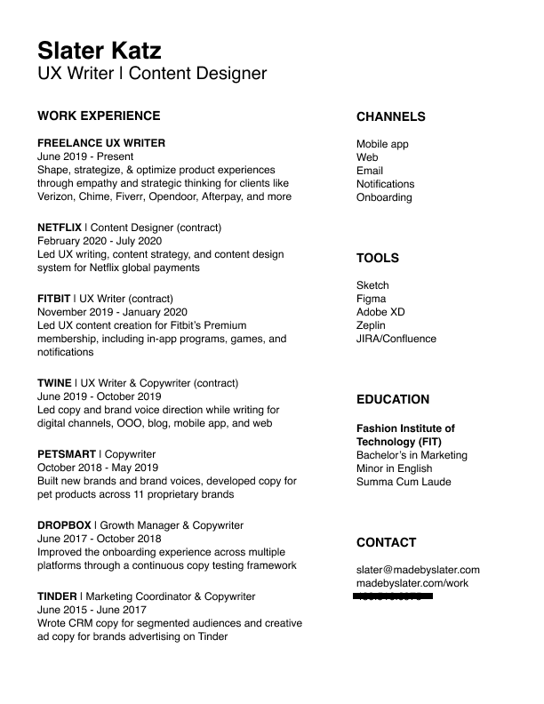 UX writer resume